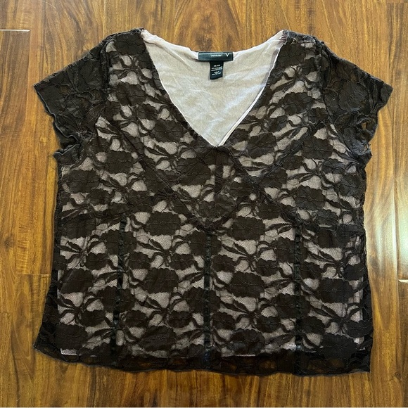 Venezia Black Lace And Light Pink Top Short Sleeve V-neck Womens Plus size 18/20 - Picture 1 of 7